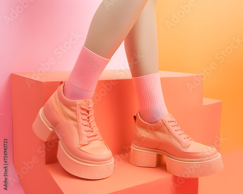 Elegant Woman in Pink Shoes and Socks on Minimalist Background