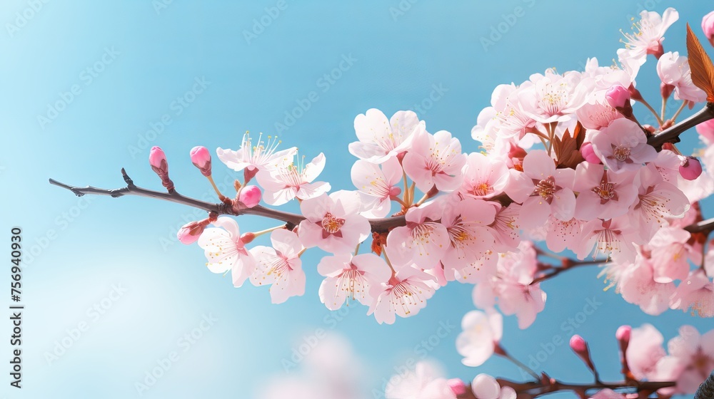 Spring banner featuring branches of cherry blossoms against a blue sky backdrop, adorned with butterflies, capturing the essence of a dreamy romantic spring landscape.