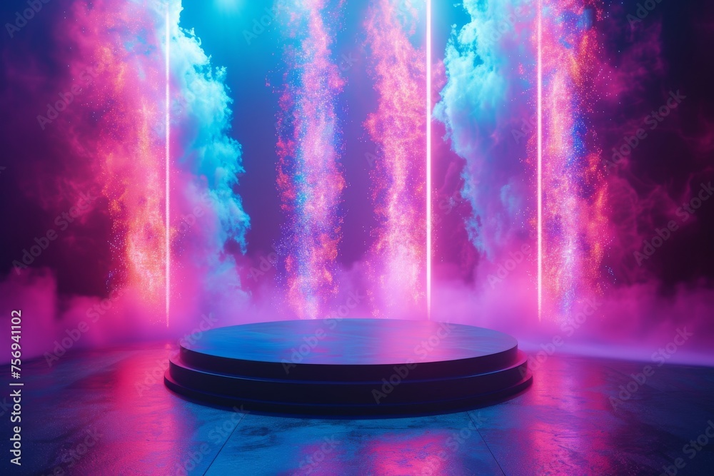 A minimalist podium adorned with holographic displays