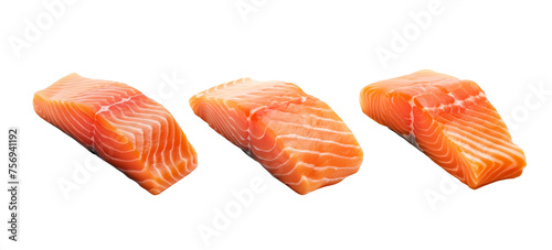 Set of raw salmon for steak cooking isolated on transparent background. 