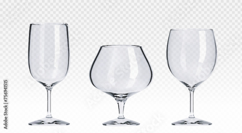 Transparent cocktail glass mockup for alcohol long drinks. Realistic vector illustration set of bar and restaurant shiny glassware for beverages. Clean empty kitchen crockery and cafe tableware.