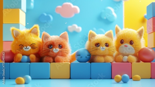 Four fluffy toy cats with cartoonish features sitting on colorful geometric blocks under a blue sky backdrop.