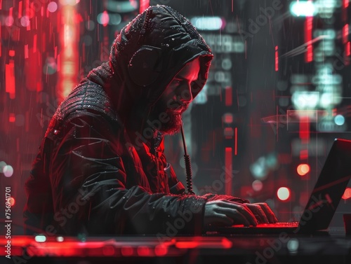 A hooded hacker is deeply focused on his computer in a dark, digital data-heavy environment, symbolizing cybersecurity and privacy issues.