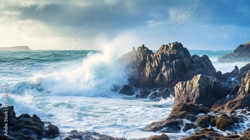 荒磯に波、岩礁と荒波の海の自然背景 photo