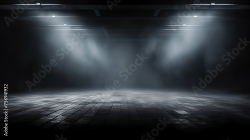 A background of an empty, foggy, dark room or street illuminated by a spotlight.