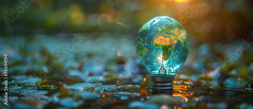 Earth day, Environmental protection, renewable, sustainable energy sources. The green world map is on a light bulb that represents green energy Renewable energy, Ai generated