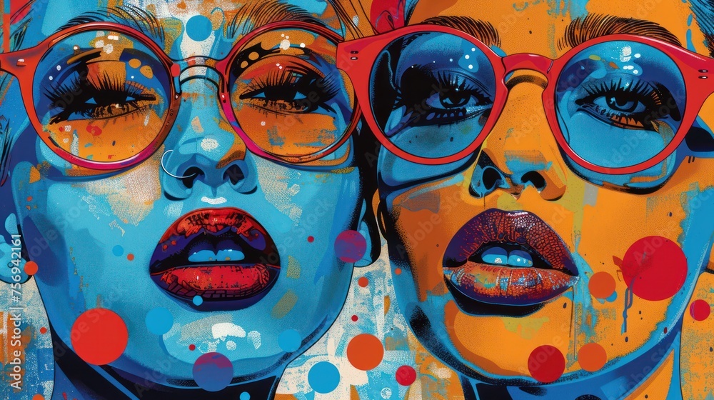 Vivid two-faced pop art mural with bold contrasting colors and energetic patterns, capturing a fresh, modern aesthetic. - obrazy, fototapety, plakaty 
