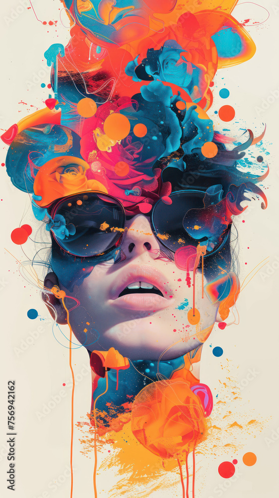 A mesmerizing explosion of vibrant colors and shapes emanating from a fashionable woman in sunglasses, embodying surreal art.