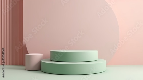Geometric shapes composition with empty space for product design show. Abstract minimal scene with geometrical forms. Cylinder podiums in pastel colors. Abstract background. 3d render © Tahir