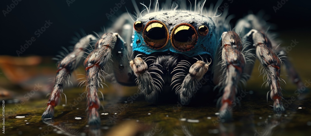 A close up of an electric blue jumping spider, an arachnid arthropod, found on a rock in the darkness of the jungle. A fascinating event of terrestrial insect wildlife