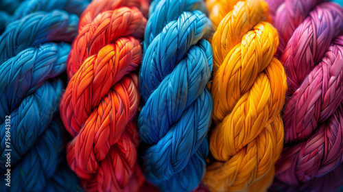 colorful wool yarn, Team rope diverse strength connect partnership together teamwork unity communicate support. Strong diverse network rope team concept background, Ai generated image photo