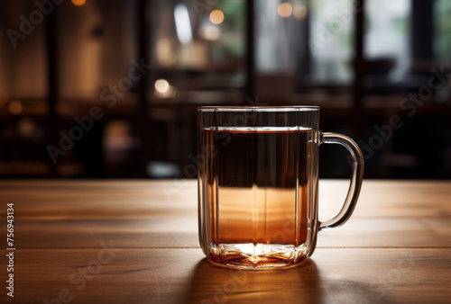 A sleek clear mug sits on the table.