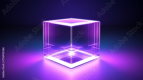 A studio image with a futuristic style showcasing a dark shiny cube reflecting rays of light. The block is positioned centrally and isolated over a purple-colored background.