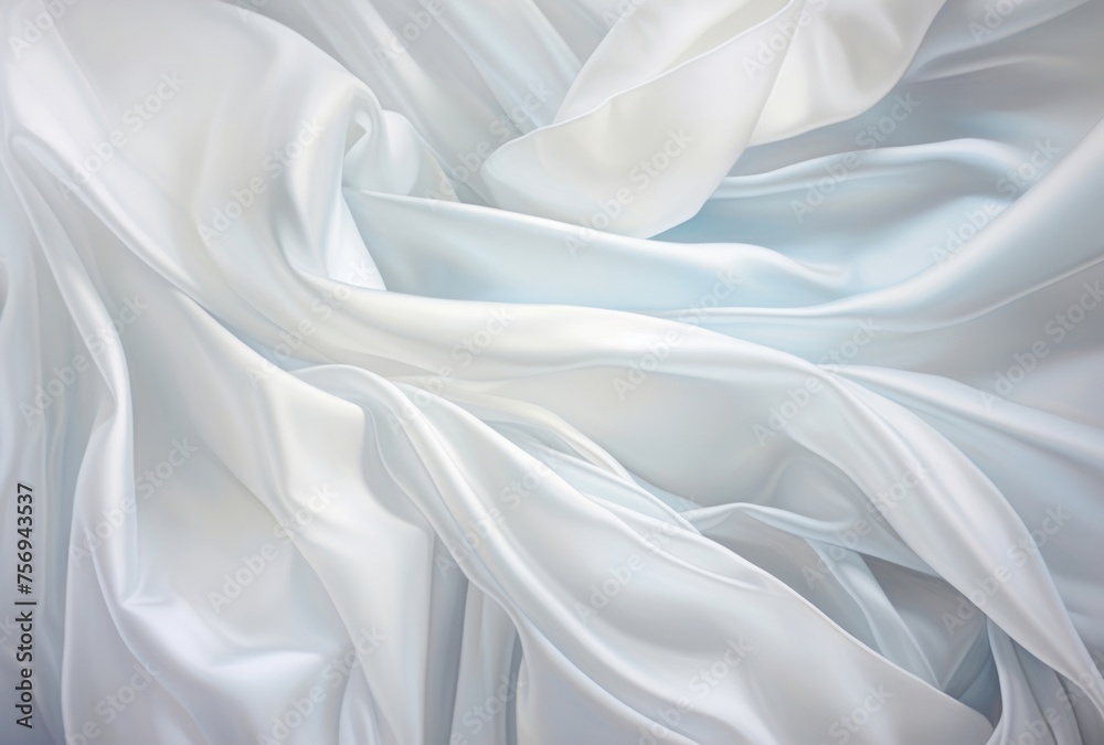 Fototapeta premium A white silk fabric has many folds, its soft femininity, shiny/glossy nature, and soft and dreamy atmosphere apparent.