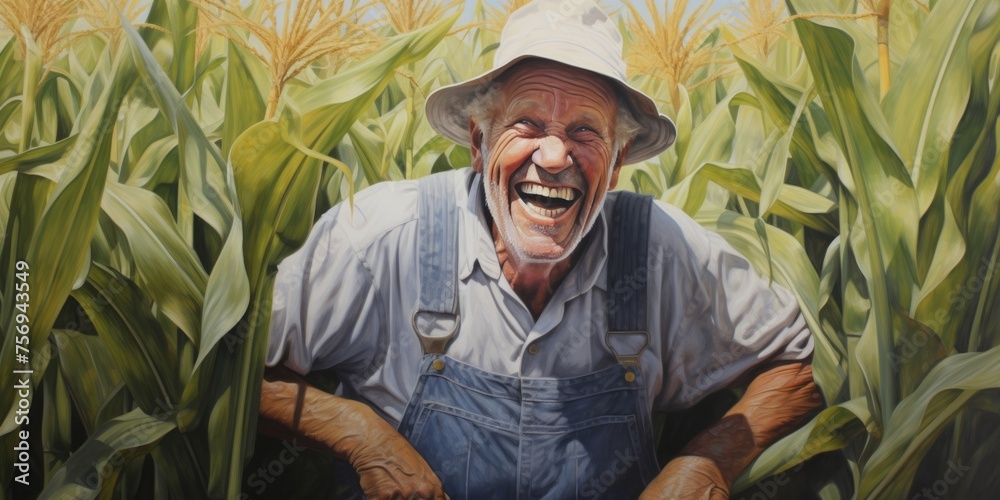 Obraz premium An older man smiles in the midfield of corn, his distinct stylistic range, dotted and cut/ripped appearance apparent.
