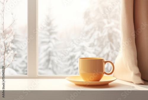 A cup of warm coffee sits on the windowsill near a snowy scene, reflecting nature's wonder in light orange and light maroon.