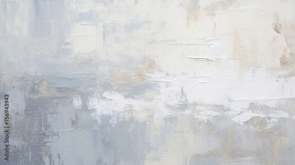 Abstract painting in white and grey tones resembling oil patterns, adding depth and texture to the backdrop.