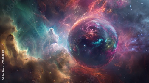 Vibrant cosmic nebula with glowing planet. Digital art for space and universe concept. Wide format wallpaper