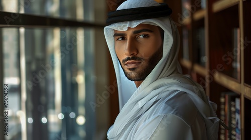 Portrait of a man in traditional Emirati attire. Cultural fashion and lifestyle concept. Indoor close-up shot photo