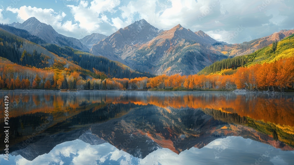 Autumn mountain landscape with colorful forest and reflection in calm lake. Nature scenic view, outdoor adventure concept