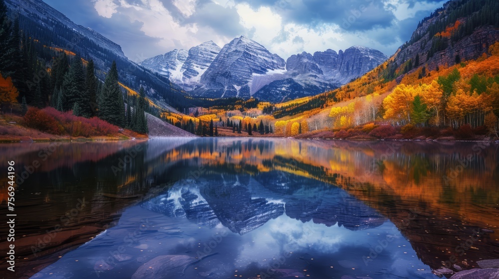 Dramatic mountain scenery with vibrant autumn trees and reflection on lake surface. Sunset landscape photography with copy space
