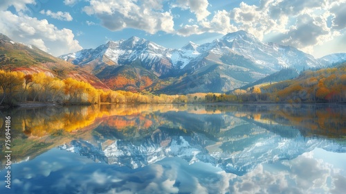 Autumn mountain landscape with reflective lake. Scenic nature photography for travel and tourism concept