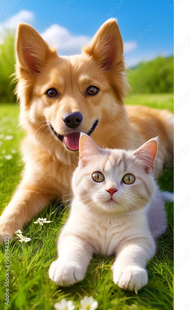Cute dog and cat lying together on a green grass field nature in a spring sunny background