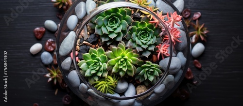 A glass bowl filled with a variety of succulents and rocks displayed on a table, creating a stunning plant arrangement that adds beauty to the space