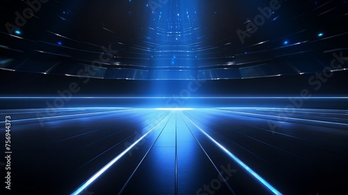 An abstract dark background featuring an empty stage with blue neon light, rays of spotlights, and reflections on the concrete floor, creating an abstract light effect in a nighttime view.