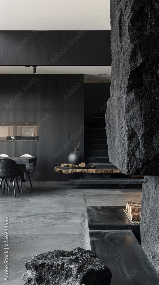 Sleek black kitchen counter with textured rock feature and pendant lights. 