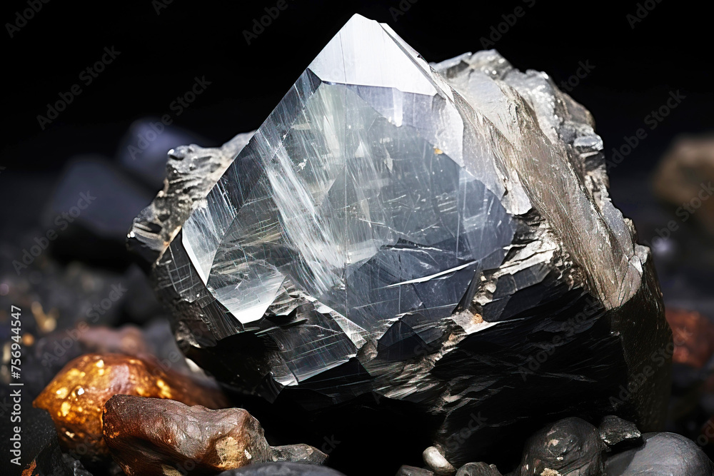 Naklejka premium Anglesite is a rare precious natural stone on a black background. AI generated. Header banner mockup with space.