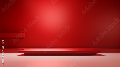 An abstract red studio background sets the stage for product presentation, featuring an empty room with shadows from windows. The 3D room offers ample copy space against a blurred backdrop.