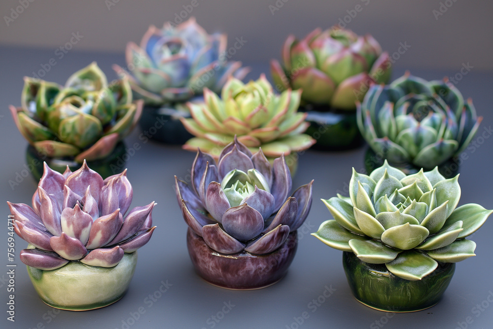 Fototapeta premium Multiple Miniature Succulent Porcelain Sculptures in Varying Colors