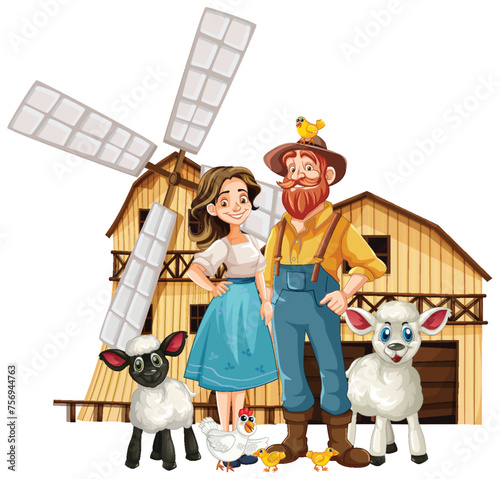 Illustration of farmers with animals near a barn and windmill.