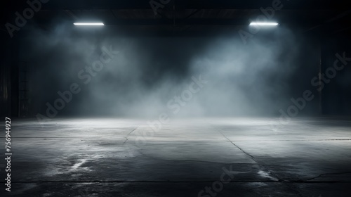 An empty dark room with concrete floor, asphalt, neon light, smoke, and spotlight creates a compelling backdrop.