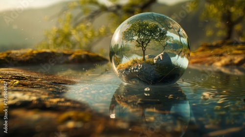 Surreal crystal ball reflecting a solitary tree on a rock in water. Artistic environmental conservation concept.