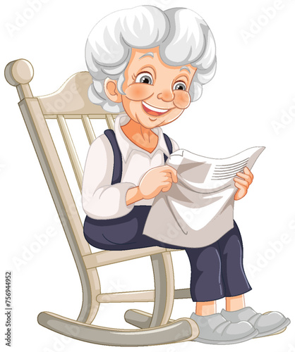 Cheerful grandmother reading in a rocking chair
