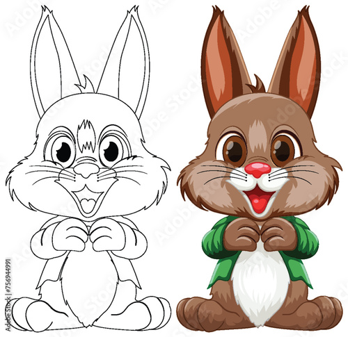 Black and white sketch beside colored bunny character.