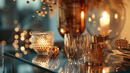 Elegant glassware on reflective surface with warm candlelight. Selective focus photography for festive decoration concept and print design.