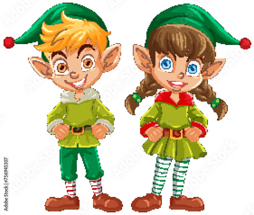 Two happy elves in festive holiday attire.