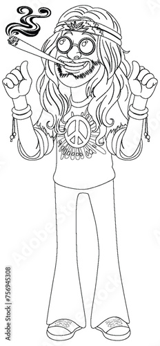 Cartoon hippie with peace sign and smoke.