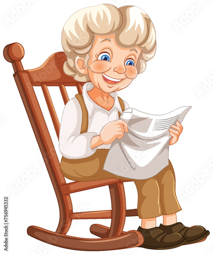 Elderly woman reading happily in a wooden rocker