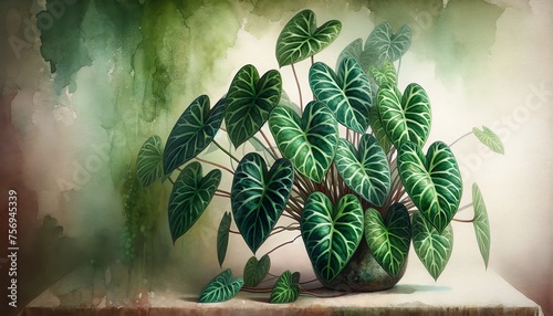 Watercolor illustration of Homalomena Selby plants photo