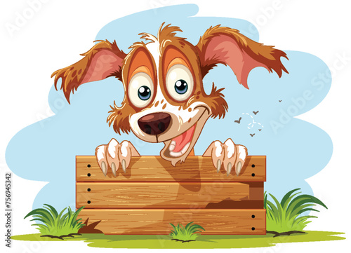 Happy cartoon dog with big eyes over a fence