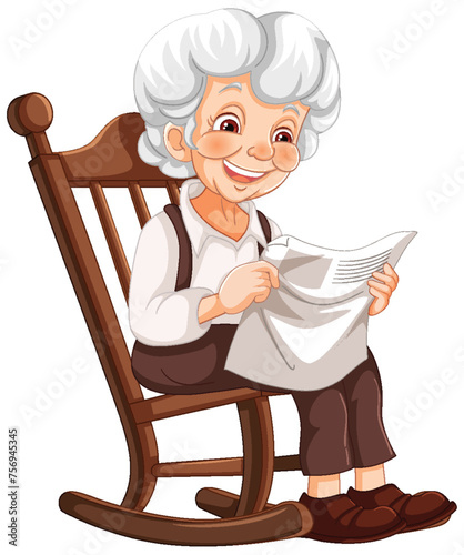 Elderly woman reading paper, sitting in a rocker