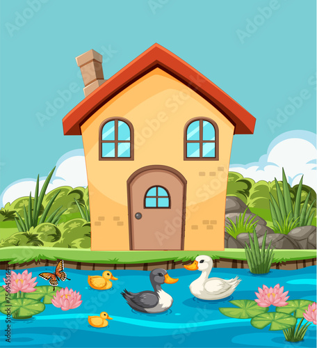 Colorful illustration of ducks near a cozy home