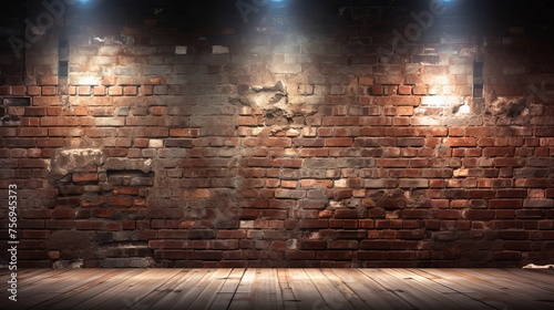 An empty room with a brick wall, cracks, searchlight lights, and neon light in the background sets a dramatic scene.