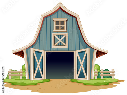 Cartoon illustration of a quaint blue barn.