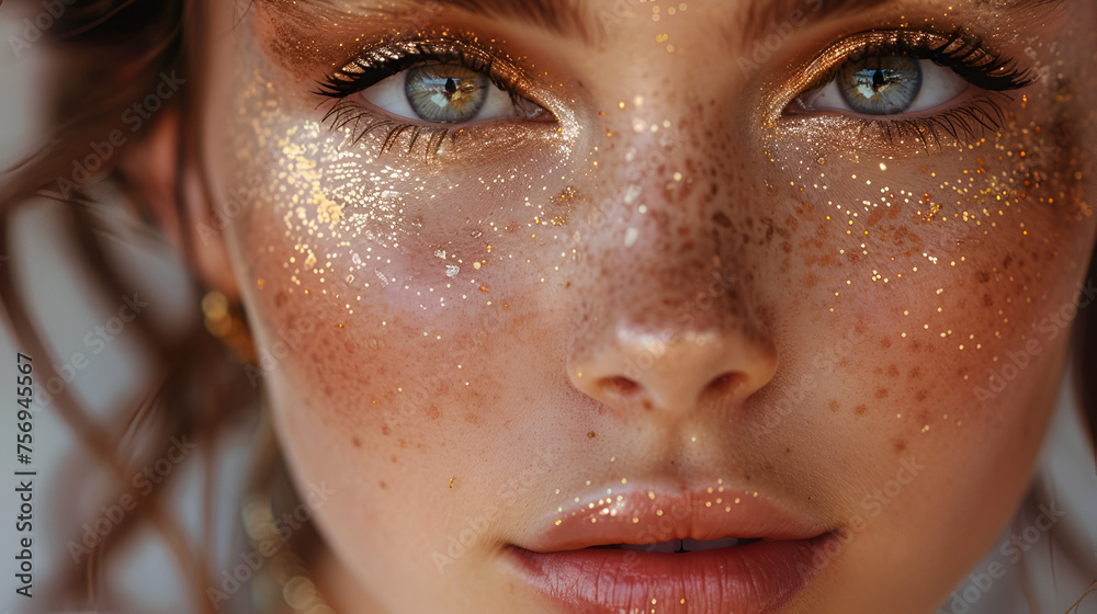 Cropped View of Young Woman with Shiny Makeup in Golden Light: Beauty and Glamour Portrait, Fashion Model with Elegant Makeup, Generative Ai