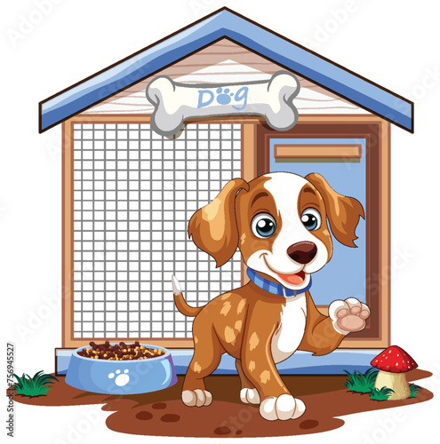 Cartoon puppy waving in front of its home
